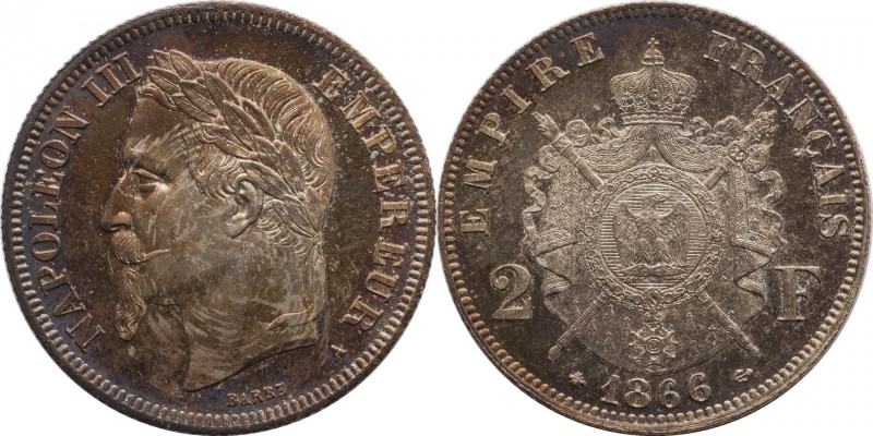2 francs 1866, Paris.
Laureate head of Napoleon III left. Rv. imperial coat-of-...