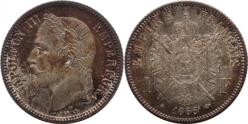 1 franc 1866, Paris.
Laureate head of Napoleon III left. Rv. imperial coat-of-a...