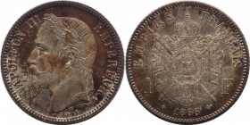 1 franc 1866, Paris.
Laureate head of Napoleon III left. Rv. imperial coat-of-arms. 5 grs. Provisional auction of each of the coins (87 to 100). Auct...
