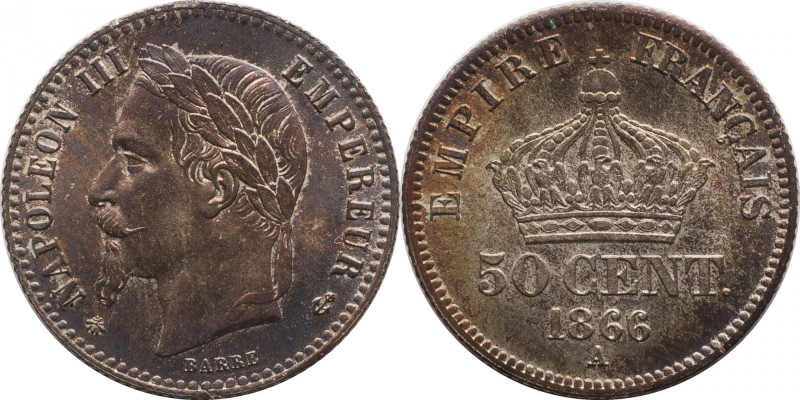 50 centimes 1866, Paris.
Laureate head of Napoleon III left. Rv. Imperial crown...