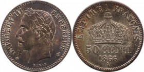 50 centimes 1866, Paris.
Laureate head of Napoleon III left. Rv. Imperial crown. 2,5 grs. Provisional auction of each of the coins (87 to 100). Aucti...