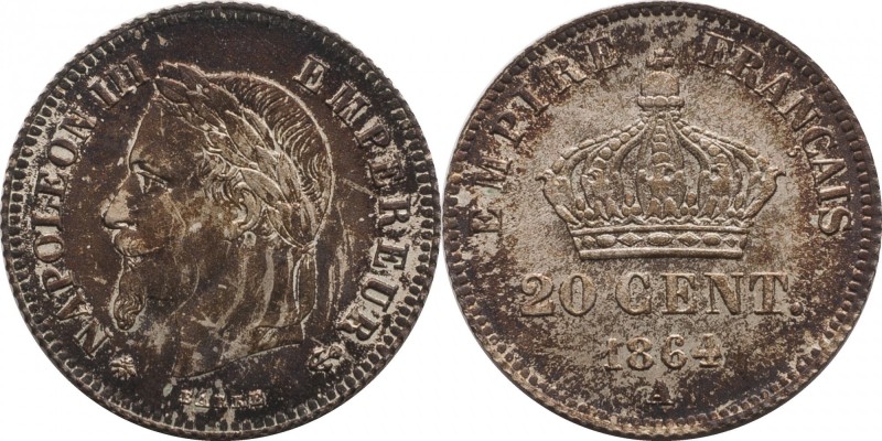 20 centimes 1864, Paris.
Laureate head of Napoleon III left. Rv. Imperial crown...
