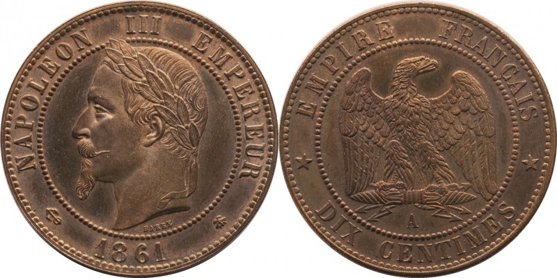 10 centimes 1861, Paris.
Laureate head of Napoleon III left. Rv. Imperial eagle...