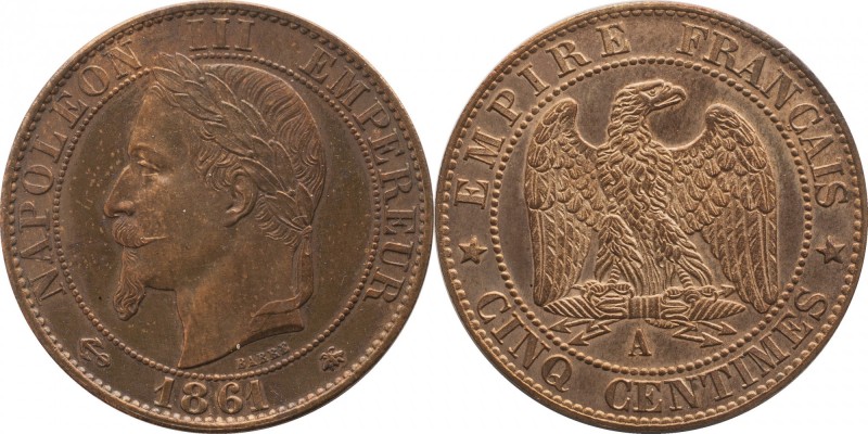 5 centimes 1861, Paris.
Laureate head of Napoleon III left. Rv. Imperial eagle....