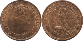 1 centime 1861, Paris.
Laureate head of Napoleon III left. Rv. Imperial eagle. 1 gr. Provisional auction of each of the coins (87 to 100). Auction of...