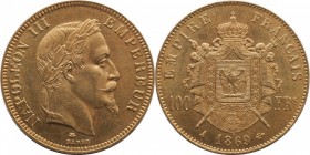 Gold 100 francs 1869, Paris.
Laureate head of Napoleon III right. Rv. Imperial coat-of-arms. 32,26 grs.

100 francs or 1869, Paris.
Av. Tête lauré...