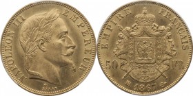 Gold 50 francs 1867, Strasbourg.
Laureate head of Napoleon III right. Rv. Imperial coat-of-arms. Extremely rare in this condition. 16,13 grs.

50 f...