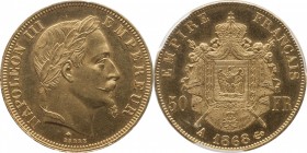 Gold 50 francs 1868, Paris.
Laureate head of Napoleon III right. Rv. Imperial coat-of-arms. 16,13 grs.

50 francs or 1868, Paris.
Av. Tête laurée ...