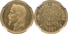 Gold proof essai 5 dollars / 25 francs 1867, reeded edge.
Laureate head of Napoleon III. Rv. «Or. Essai monétaire. 5 dollars 25 francs. 1867». Maz. 1...