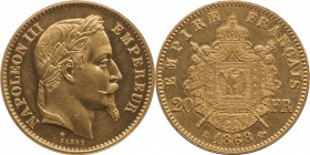 Gold essai 20 francs 1868 E, plain edge.
Laureate head of Napoleon III right. Rv. Imperial coat-of-arms. Maz. 1616. Star bellow. Prooflike surface. 6...