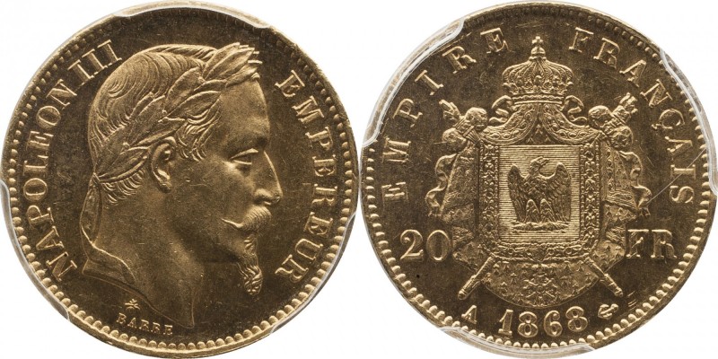 Gold 20 francs 1868, Paris.
Laureate head of Napoleon III right. Rv. Imperial c...