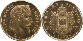 Gold 20 francs 1868, Paris.
Laureate head of Napoleon III right. Rv. Imperial coat-of-arms. 6,45 grs.

20 francs or 1868, Paris.
Av. Tête laurée à...