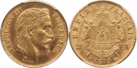 Gold 20 francs 1870, Strasbourg
Laureate head of Napoleon III right. Rv. Imperial coat-of-arms. 6,45 grs.

20 francs 1870, Strasbourg
Av. Tête lau...
