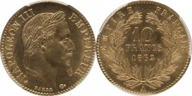 Gold 10 francs 1862, Paris.
Av. Laureate head of Napoleon III facing right. Rv. Wreath encloses value. 3,22 grs.

10 francs or 1862, Paris.
Av. Tê...