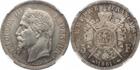 5 francs 1861, Paris.
Laureate head of Napoleon III left. Rv. Imperial coat-of-arms. 25 grs.

5 francs 1861, Paris, tranche inscrite.
Av. Tête lau...