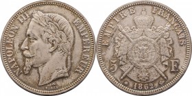 Silver essai 5 francs 1862, without A letter.
Laureate head of Napoleon III left. Rv. Imperial coat-of-arms. Maz. 1648. 25 grs.

Épreuve de 5 franc...