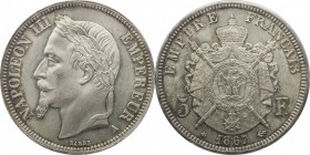 5 francs 1867, Paris.
Laureate head of Napoleon III left. Rv. Imperial coat-of-arms. 25 grs.

5 francs 1867, Paris.
Av. Tête laurée à gauche. Rv. ...