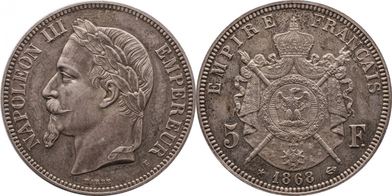 Silver essai 5 francs 1868 E.
Laureate head of Napoleon III left. Rv. Imperial ...