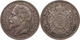 Silver essai 5 francs 1868 E.
Laureate head of Napoleon III left. Rv. Imperial coat-of-arms. Maz. 1649. 25 grs.

5 francs 1868 E, essai, tranche in...