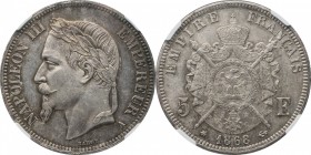 5 francs 1868, Paris.
Laureate head of Napoleon III left. Rv. Imperial coat-of-arms. 25 grs.

5 francs 1868, Paris.
Av. Tête laurée à gauche. Rv. ...