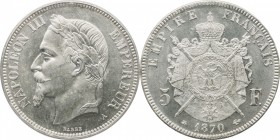 5 francs 1870, Paris.
Laureate head of Napoleon III left. Rv. Imperial coat-of-arms. 25 grs.

5 francs 1870, Paris.
Av. Tête laurée à gauche. Rv. ...