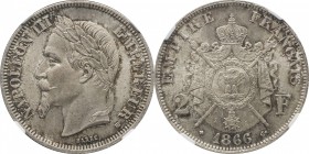2 francs 1866, Strasbourg.
Laureate head of Napoleon III left. Rv. Imperial coat-of-arms. 10 grs.

2 francs 1866, Strasbourg.
Av. Tête laurée à ga...
