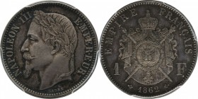 Essai 1 franc 1862 E, plain edge.
Laureate head of Napoleon III left. Rv. Imperial coat-of-arms. Maz. 1671. Privy mark : Anchor / Anchor. 5 grs.

1...