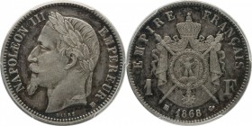 1 franc 1868, Strasbourg.
Laureate head of Napoleon III left. Rv. Imperial coat-of-arms. Very scarce coin with the privy mark «BB» instead of «cross»...