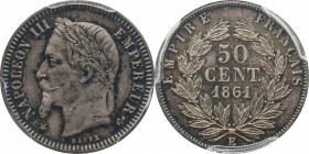 Essai piefort 50 centimes 1861 E, plain edge.
Laureate head of Napoleon III left. Rv. Denomination within wreath. Not listed in Mazard.

Piefort de...