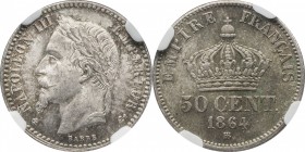 50 centimes 1864, Strasbourg.
Laureate head of Napoleon III left. Rv. Imperial crown. 2,5 grs.

50 centimes 1864, Strasbourg.
Av. Tête laurée à ga...