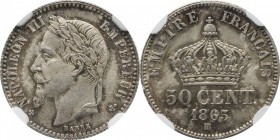 50 centimes 1865, Strasbourg.
Laureate head of Napoleon III left. Rv. Imperial crown. 2,5 grs.

50 centimes 1865, Strasbourg.
Av. Tête laurée à ga...