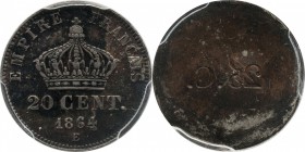 Silvered-bronze Essai uniface reverse 20 centimes 1864, plain edge.
Rv. Imperial crown. With retrograde reverse inscriptions reading: "25.C". Not lis...
