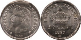 20 centimes 1867, Strasbourg.
Laureate head of Napoleon III left. Rv. Imperial crown. 1 gr.

20 centimes 1867, Strasbourg.
Av. Tête laurée à gauch...