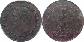 Essai 10 centimes 1861 E, plain edge.
Laureate head of Napoleon III left. Rv. Imperial eagle. Maz. 1702. Privy mark : anchor / anchor. 10 grs.

10 ...