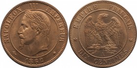10 centimes 1862, Paris.
Laureate head of Napoleon III left. Rv. Imperial eagle. 10 grs.

10 centimes 1862, Paris.
Av. Tête laurée à gauche. Rv. A...
