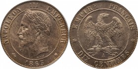 10 centimes 1863, Paris.
Laureate head of Napoleon III left. Rv. Imperial eagle. 10 grs.

10 centimes 1863, Paris.
Av. Tête laurée à gauche. Rv. A...