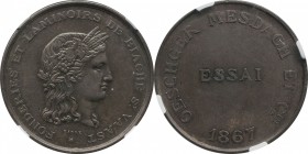 Bronze essai 10 centimes 1867, by Barre. plain edge.
Laureate head of Napoleon III left. Rv. Oeschger Mesdach et Cie - Essai. Maz. 1747. var. Fonderi...