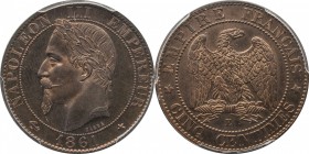Essai 5 centimes 1861 E, plain edge.
Laureate head of Napoleon III left. Rv. Imperial eagle. Maz. 1712. 5 grs.

5 centimes 1861 E, essai, tranche l...