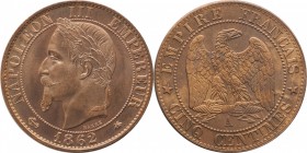 5 centimes 1862, Paris.
Laureate head of Napoleon III left. Rv. Imperial eagle. 5 grs.

5 centimes 1862, Paris.
Av. Tête laurée à gauche. Rv. Aigl...