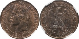 5 centimes 1862, Bordeaux.
Laureate head of Napoleon III left. Rv. Imperial eagle. 5 grs.

5 centimes 1862, Bordeaux.
Av. Tête laurée à gauche. Rv...
