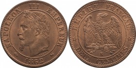 2 centimes 1862, Bordeaux.
Laureate head of Napoleon III left. Rv. Imperial eagle. 2 grs.

2 centimes 1862, Bordeaux.
Av. Tête laurée à gauche. Rv...