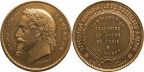 Gold medal struck in 1867, commemorating the Universal Exposition held in Paris.
Laureate head of Napoleon III left. Rv. Legend : «Commissariat de la...