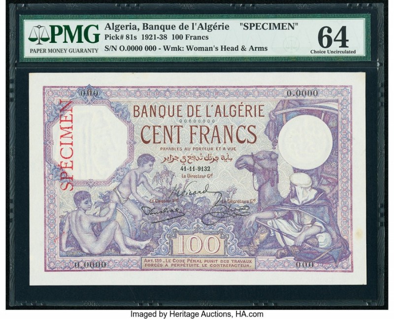 Algeria Banque de l'Algerie 100 Francs ND (1921-38) Pick 81s Specimen PMG Choice...