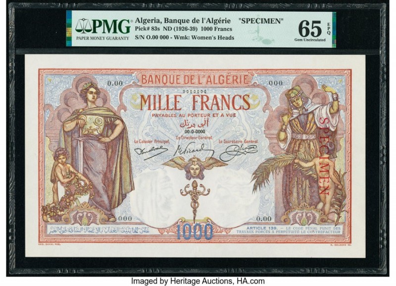 Algeria Banque de l'Algerie 1000 Francs ND (1926-39) Pick 83s Specimen PMG Gem U...