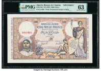 Algeria Banque de l'Algerie 5000 Francs ND (1942) Pick 90s Specimen PMG Choice Uncirculated 63. A rarely seen, large format Specimen, this Pick number...