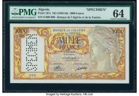 Algeria Banque de l'Algerie et de la Tunisie 1000 Francs ND (1949-58) Pick 107s Specimen PMG Choice Uncirculated 64. An incredible Specimen, this type...