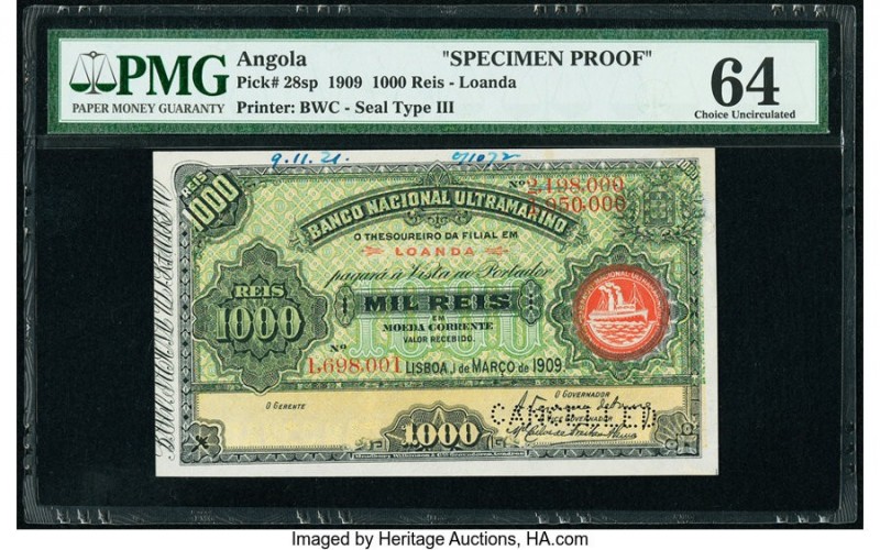 Angola Banco Nacional Ultramarino 1000 Reis 1.3.1909 Pick 28sp Specimen Proof PM...