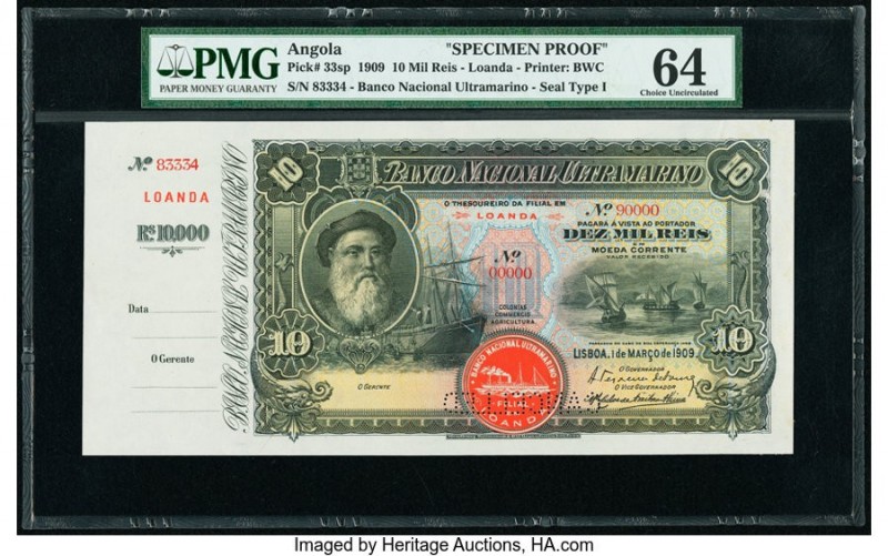 Angola Banco Nacional Ultramarino 10 Mil Reis 1.3.1909 Pick 33sp Specimen Proof ...
