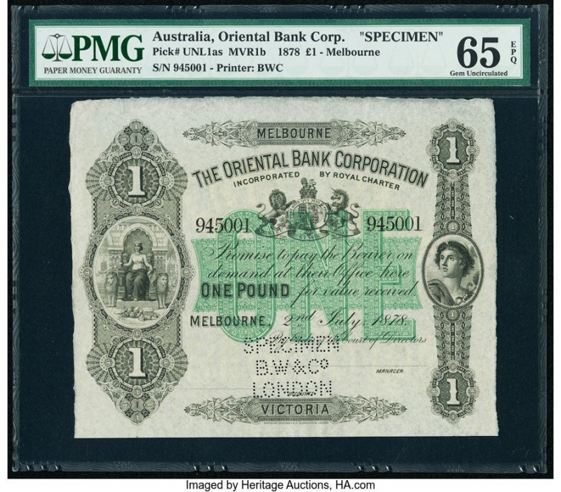 Australia Oriental Bank Corporation 1 Pound 2.7.1878 Pick UNL1as Renniks MVR1b S...