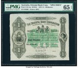 Australia Oriental Bank Corporation 1 Pound 2.7.1878 Pick UNL1as Renniks MVR1b Specimen PMG Gem Uncirculated 65 EPQ. Established in London in 1851, th...